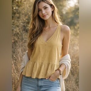 American Eagle Mustard Yellow V-Neck Peplum Tank Top Size Small Soft Casual